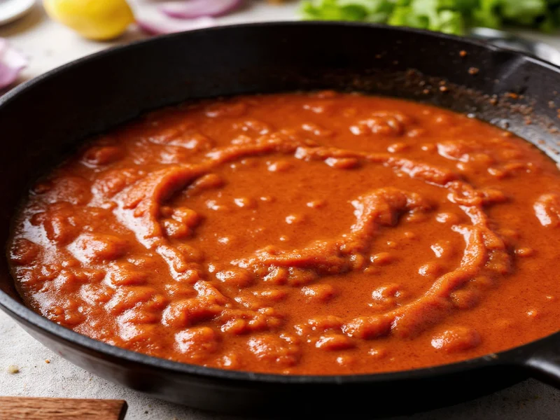 Homemade Manwich sauce simmering in cast iron skillet with onions