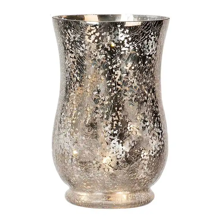 Silver Decorative Mercury Glass Pre-Lit Hurricane for Tea light Candle