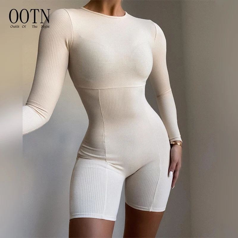 

OOTN Women Home Back Zipper Outfit Black White White Short Sport Overall Long Sleeve Knitted Bodycon Playsuit Romper