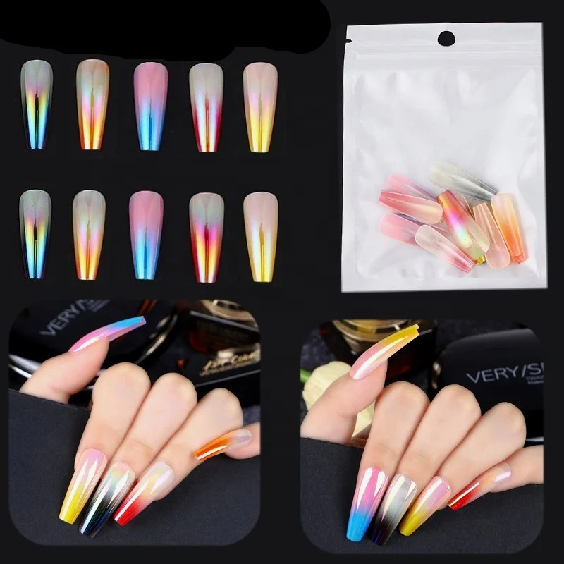 

Amazon Hot 24pcs/bag Long Ballet Nails Colorful Aurora Two-color Gradient Wearable False Nail Removable Fake Nails, Multiple colour