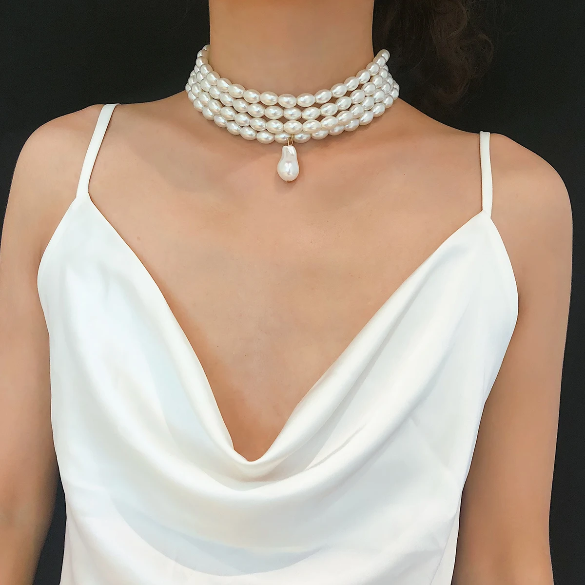 SHIXIN Fashionable Geometric Beaded Necklace Simple Layered Pearl Necklace Special-Shaped Pendant Necklace Women's Party