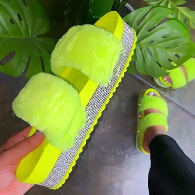 

2021 new plush slippers Platform heel rhinestone fur sandal women