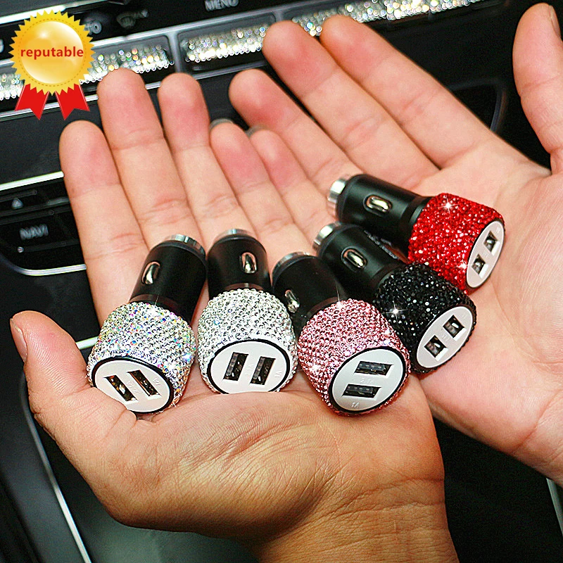 

Bling Bling Dual USB Car Adapter Multiple Ports Rhinestones Crystal Fast Charging Phone Quick Charge Diamond Car Charger Android, Customized color