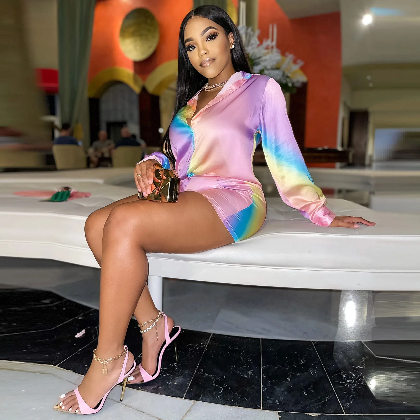 

New Design fashion fall casual women blouse two piece sets 2021 printed long sleeve shirt shorts set, Picture