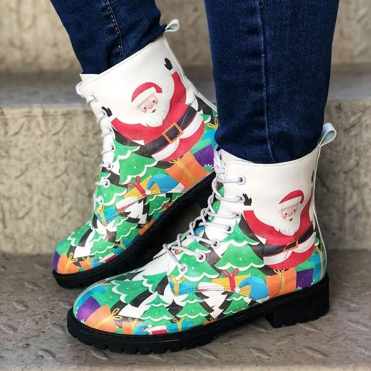 

New custom LOGO ladies winter christmas cute flat women ankle leather army martens boots shoes, Colorful
