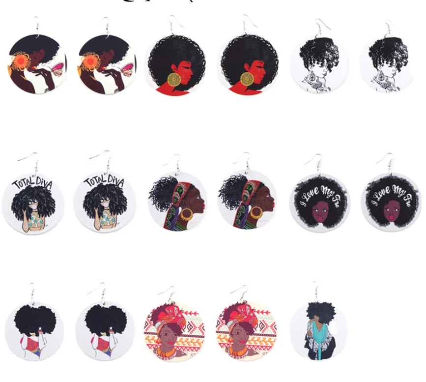 

Wholesale Fashion Custom Print Pattern African Women Round Wood Earring Black Queen Earring, Like picture