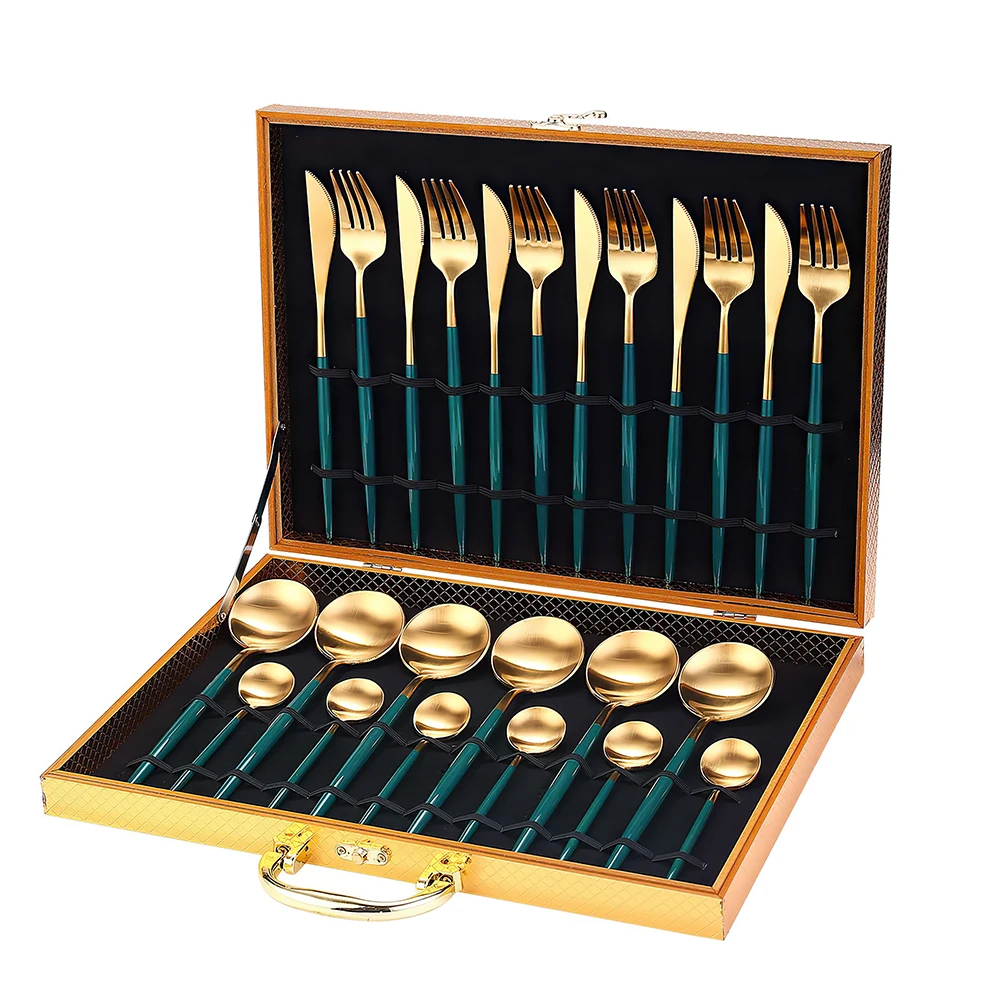 

Wholesale cheap spoon and fork knife flatware sets with wooden box 24pcs stainless steel cutlery sets, Picture