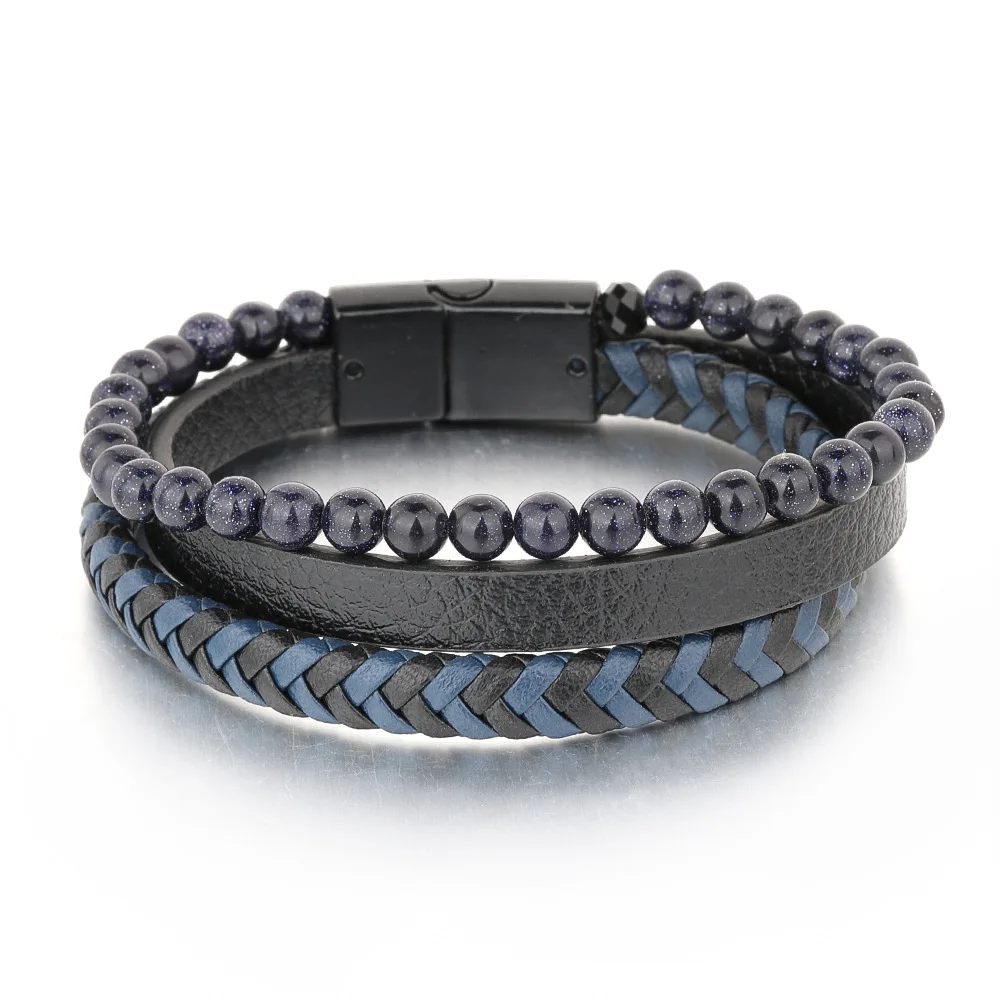 

Fashion Mens Bracelet Natural Stone Beads Leather Braided Bracelet Triple Layers Tiger Eye Leather Beaded Bracelet