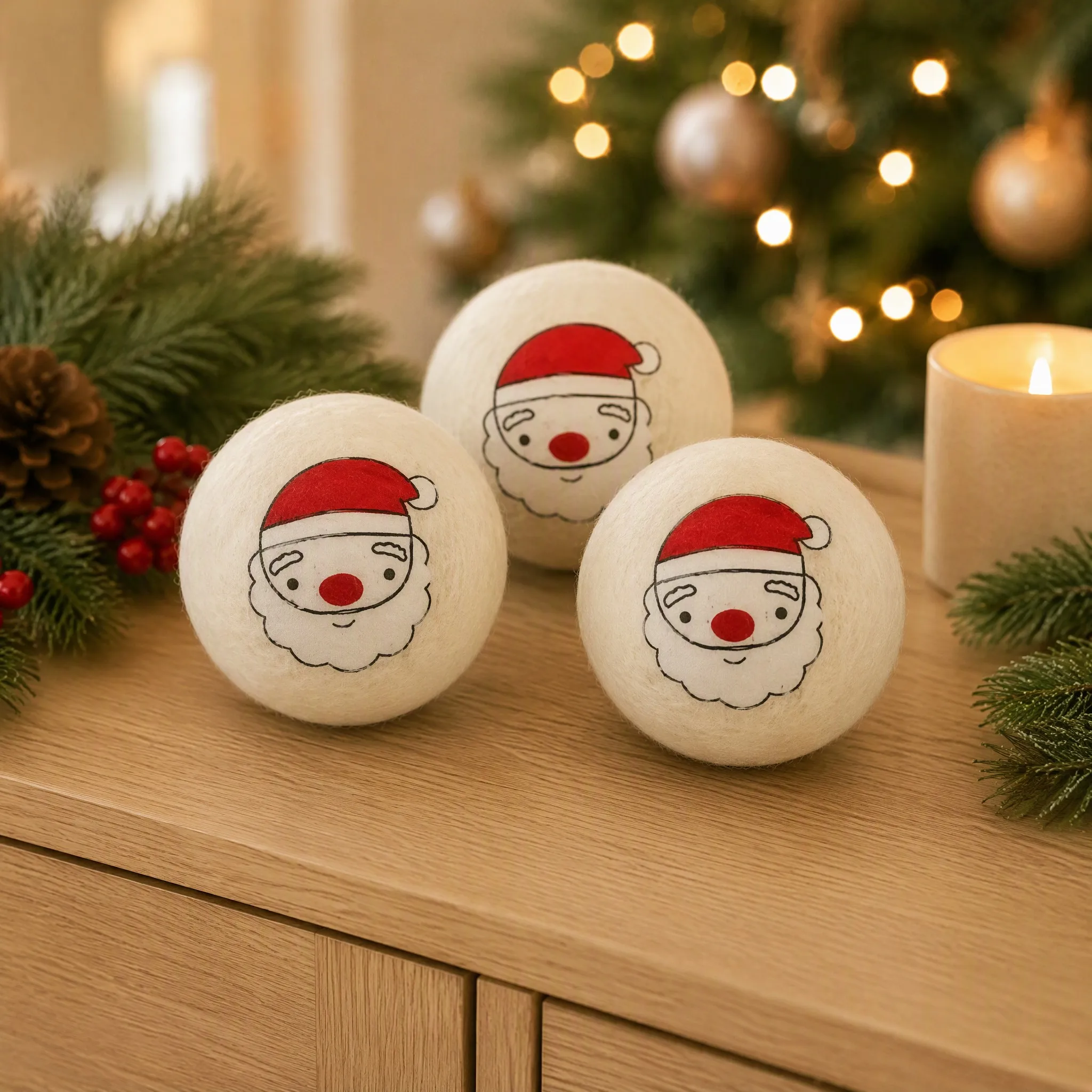 Christmas printed wool dryer balls with a Santa motif styled with pine cones and a candle