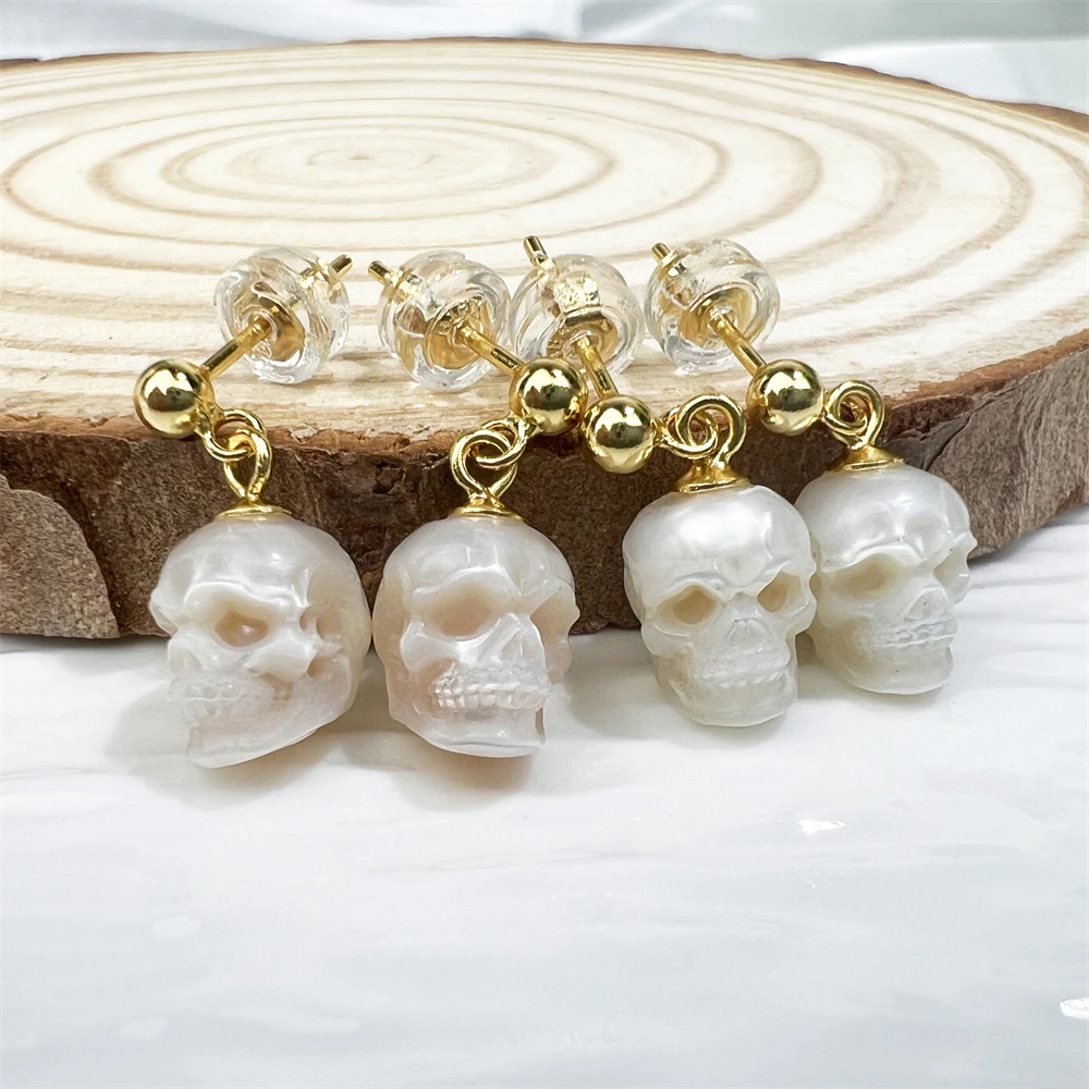 S925 Sterling Silver Natural Pearl Bead Earrings Fashion High Quality Gemstone Skull Head Pendant Earrings Jewelry Wholesale