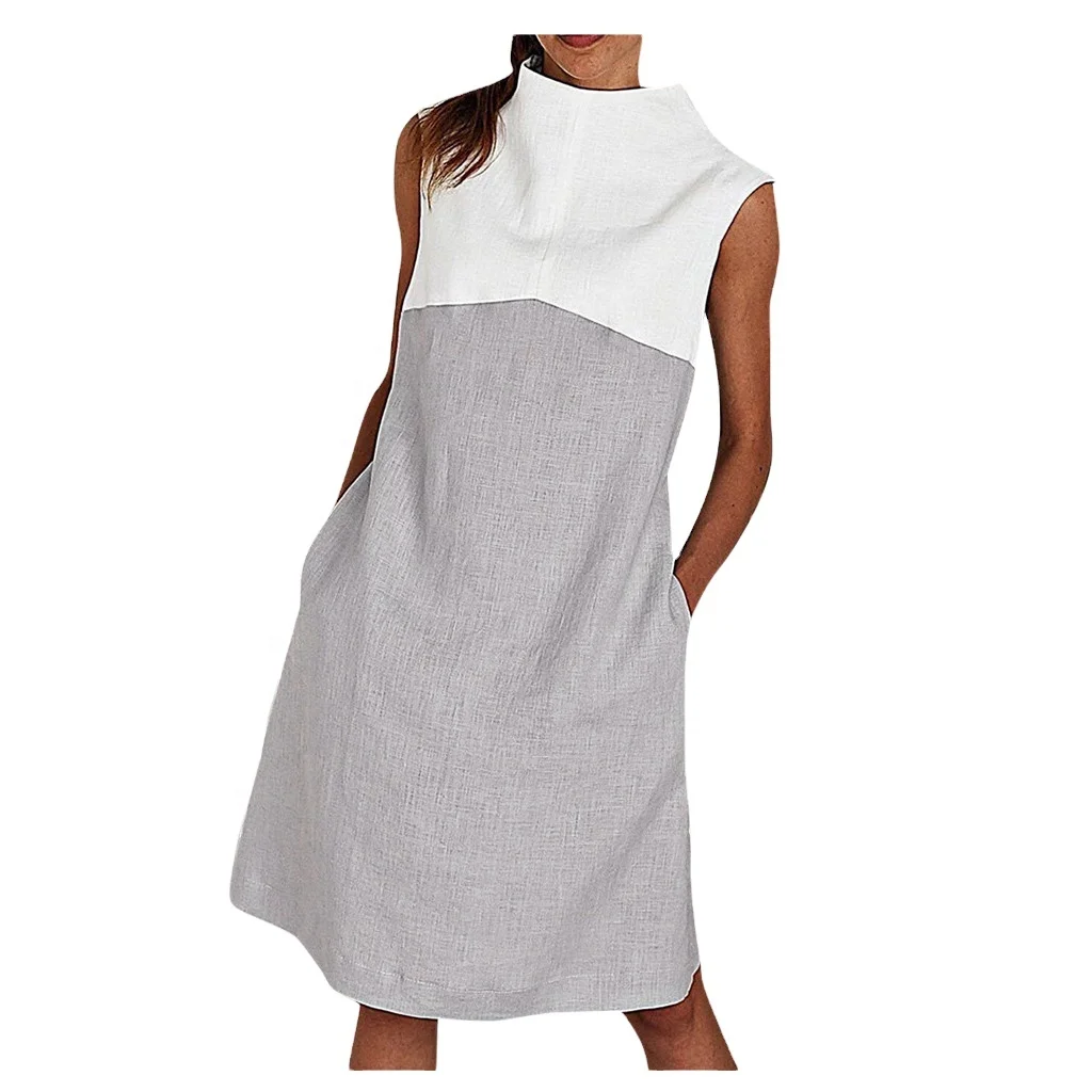 

Sleeveless personality stitching round high collar color bag loose dress