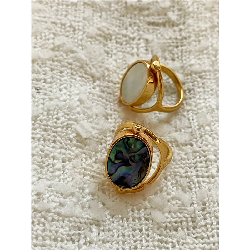 

3 Sizes Double Side Rotatable Natural Mother of Pearl Rings White Shell Abalone Circle Chunky Ring Brass Trendy Vintage Jewelry, Gold