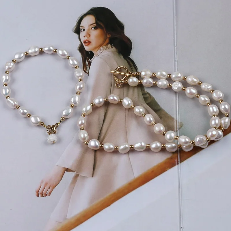 

Fashion 7-8mm natural baroque freshwater pearl bracelet necklace jewelry set, White