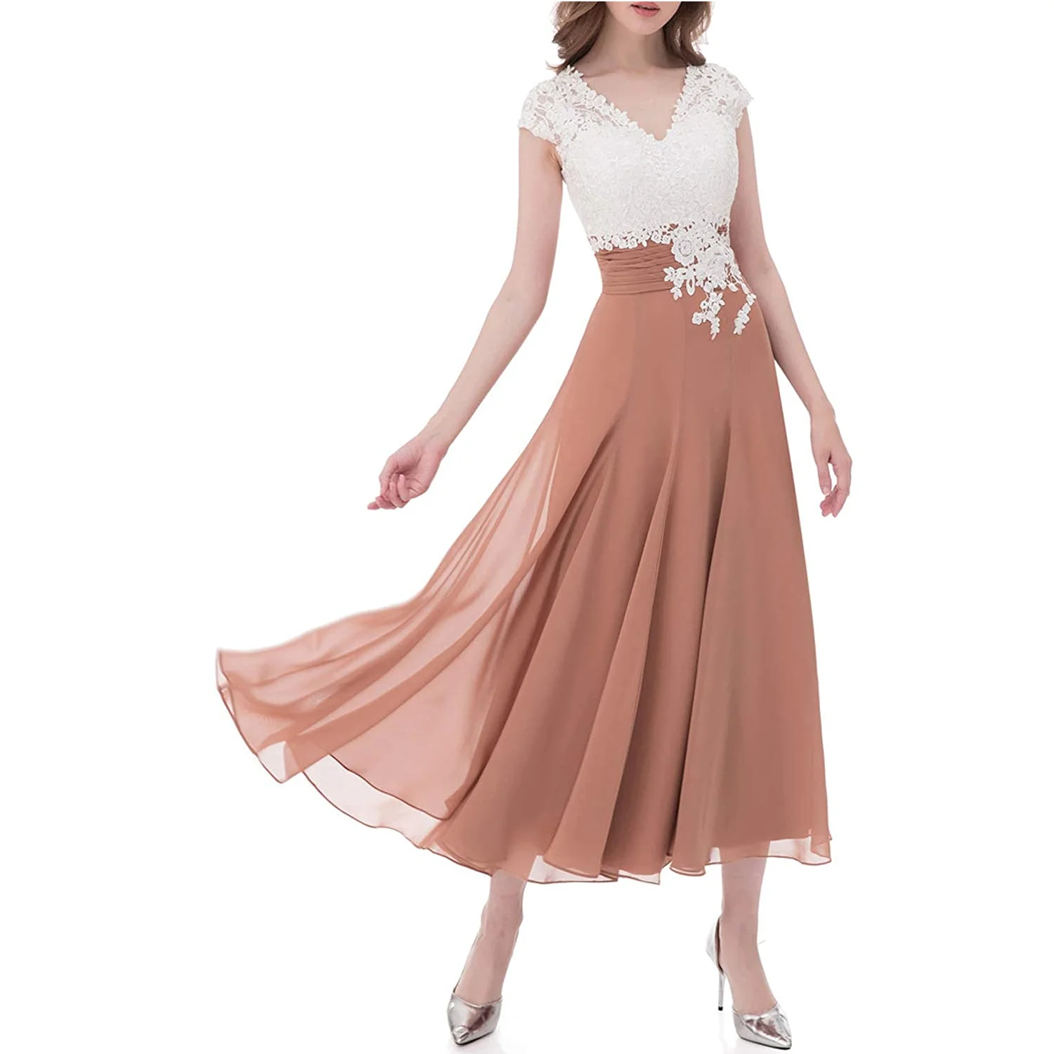 

Women's Ivory Lace Top Chiffon Costume De Mariage Trajes De Novia Button V-Neck Bridesmaid Dresses Mother of The Bride-Dresses