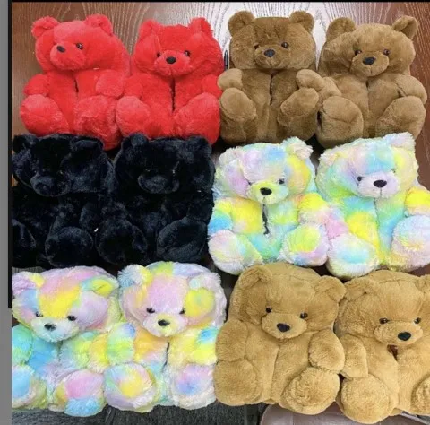 

2021  fits all fur plush bear slippers adults teddy bear slippers for women girls