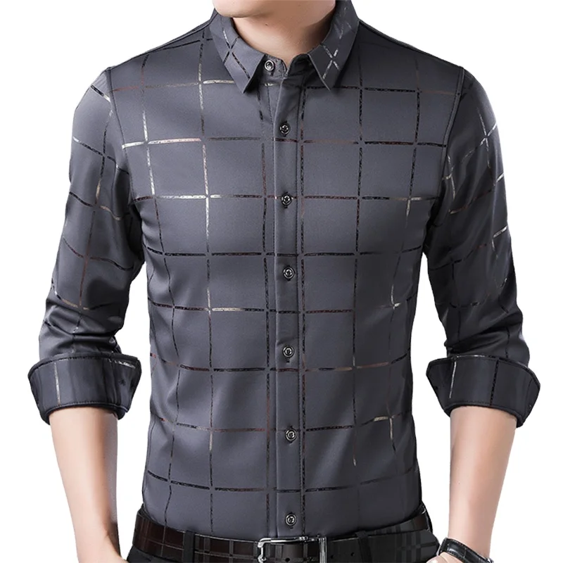 

casual spring luxury plaid long sleeve slim fit men shirt streetwear social dress shirts