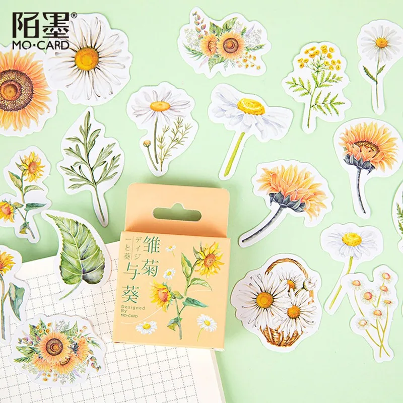 

46pcs/box Daisy Sunflower Label Kawaii Diary Handmade Adhesive Paper Flake Scrapbooking Sticker Stationery Decorative Sticker