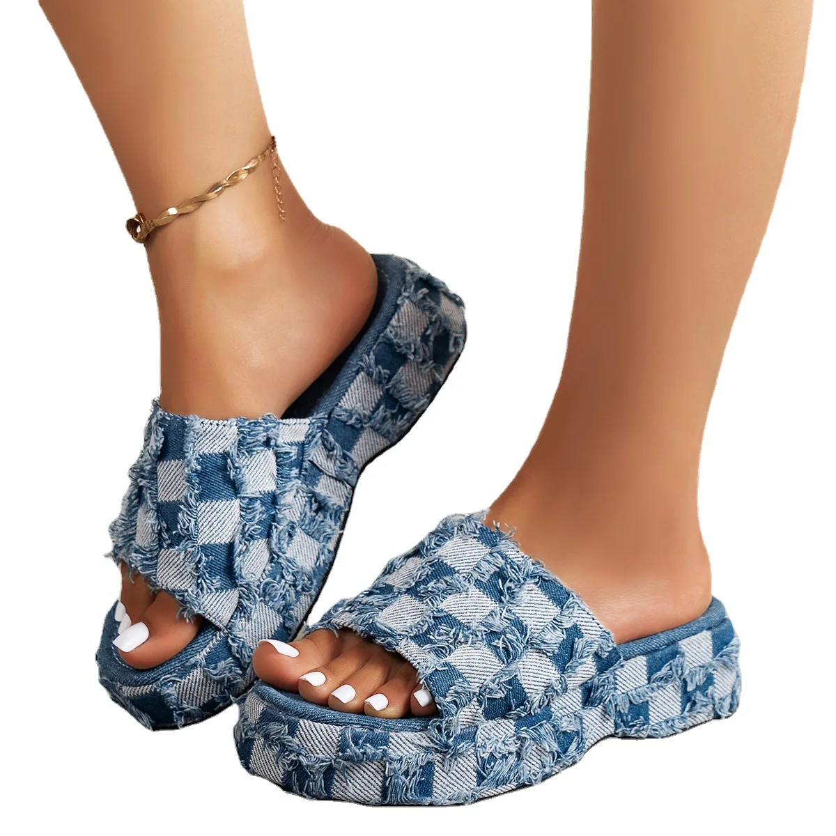 

2023 summer new wedge heel thick soled slippers women's denim slippers rag checkered thick soled slippers