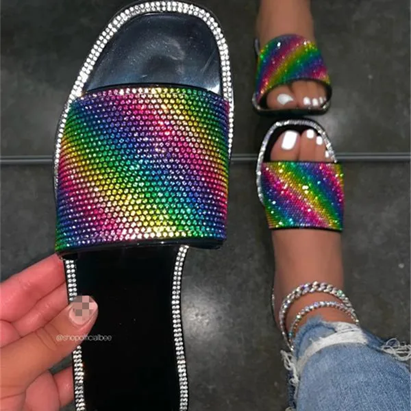 

Ladies Sandals Flat Glitter Sandals Rhinestone Jelly Purse Shoes for Women Summer Slipper Bling Rainbow shoes