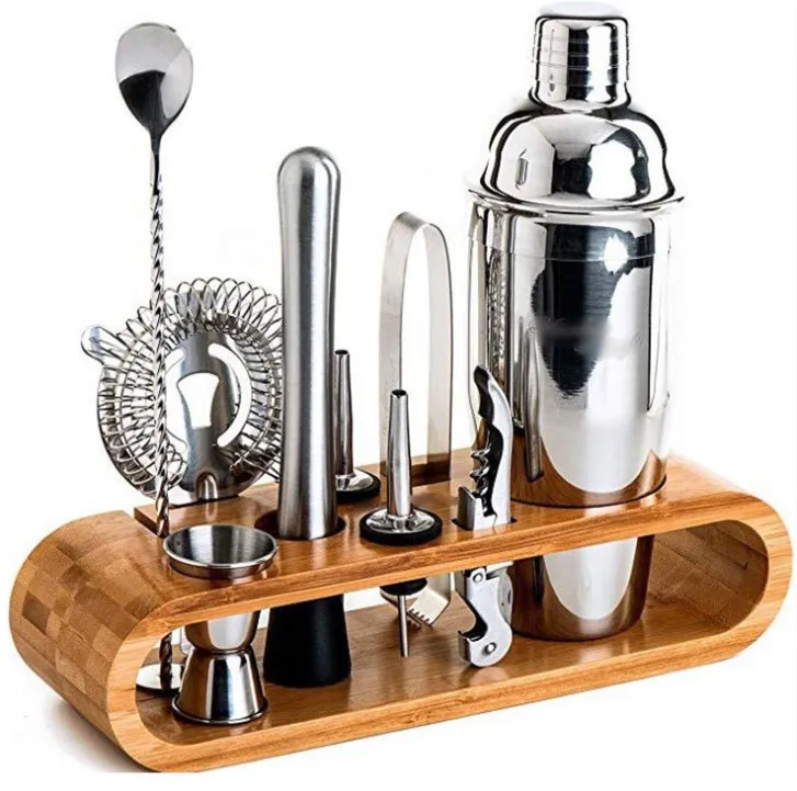 

2021 New Bamboo stand stainless steel 10 pcs bartender kit, Customized color