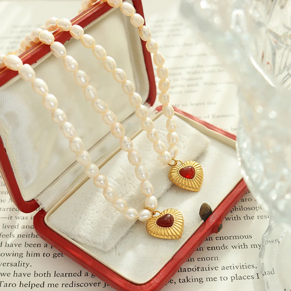 

Women Fashion Jewelry Vintage Agate Heart Shaped Pendant Stainless Steel Freshwater Pearl Necklace