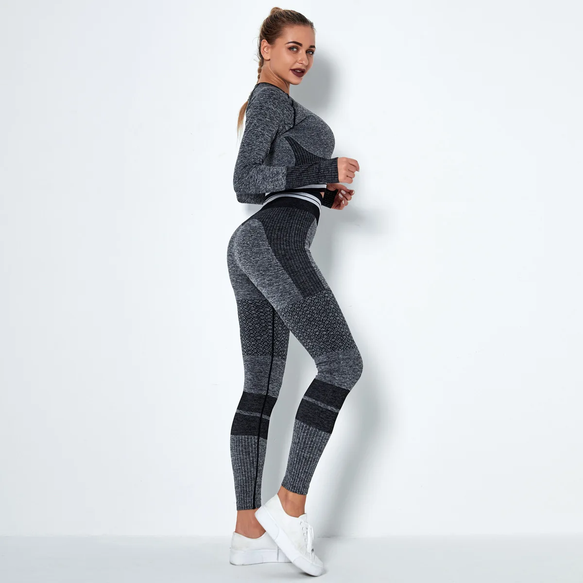 

Women Seamless Long Sleeve Yoga 2pcs Set Gym Tracksuit Yoga Pants Sportswear High Waist Leggings Fitness Sports Suits