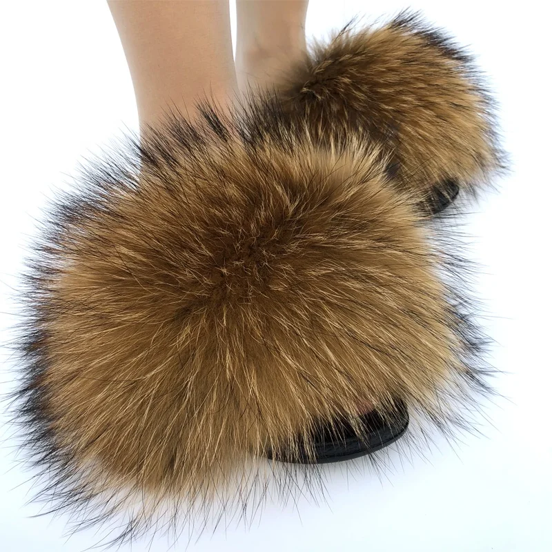 

2021 New Design Factory PVC slides ladies Sandals women soft real fox fur sandals with super Flutty Hair, Pink,yellow,white,black,green,or custom