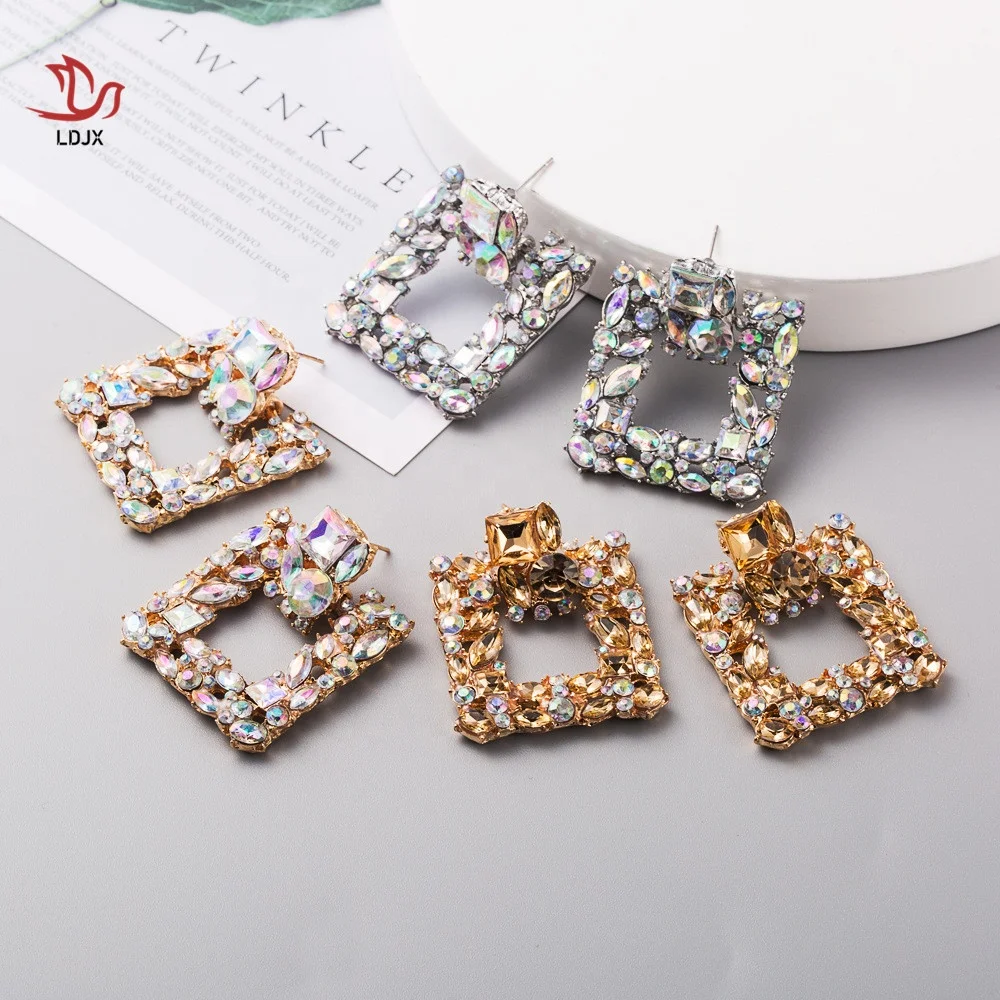 

LDJX-J21 Wedding Jewelry Gift Fashion Glass Crystal Statement Earring Women Geometric Square Crystal Drop Dangle Earrings, Picture