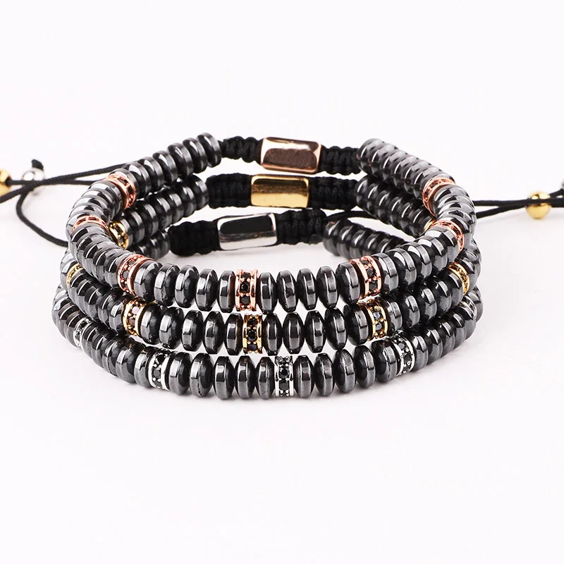 

New Natural Hematite Bead CZ Pave Spacers Macrame Men Bracelet