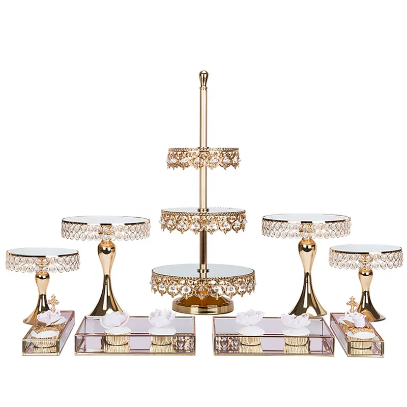 

gold silver 2 tier 3 tier mirror metal wedding cake stand set with hanging crystals beads decorating glass cup cake stand tray