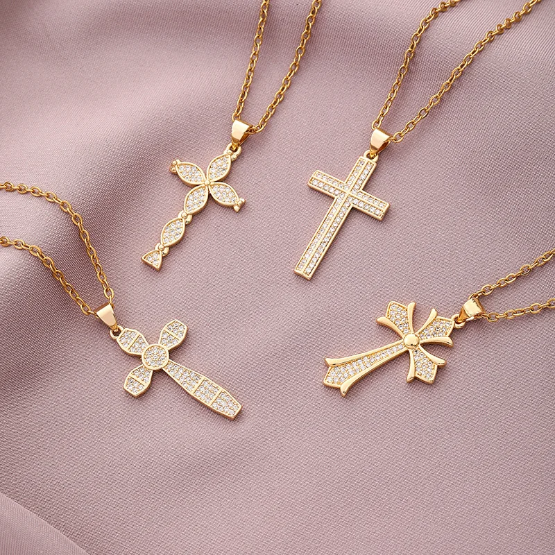

Fashion Simple 18k Plated Gold Stainless Steel Necklace With Cubic Zirconia Small Cross Pendant Jewelry for Women Man
