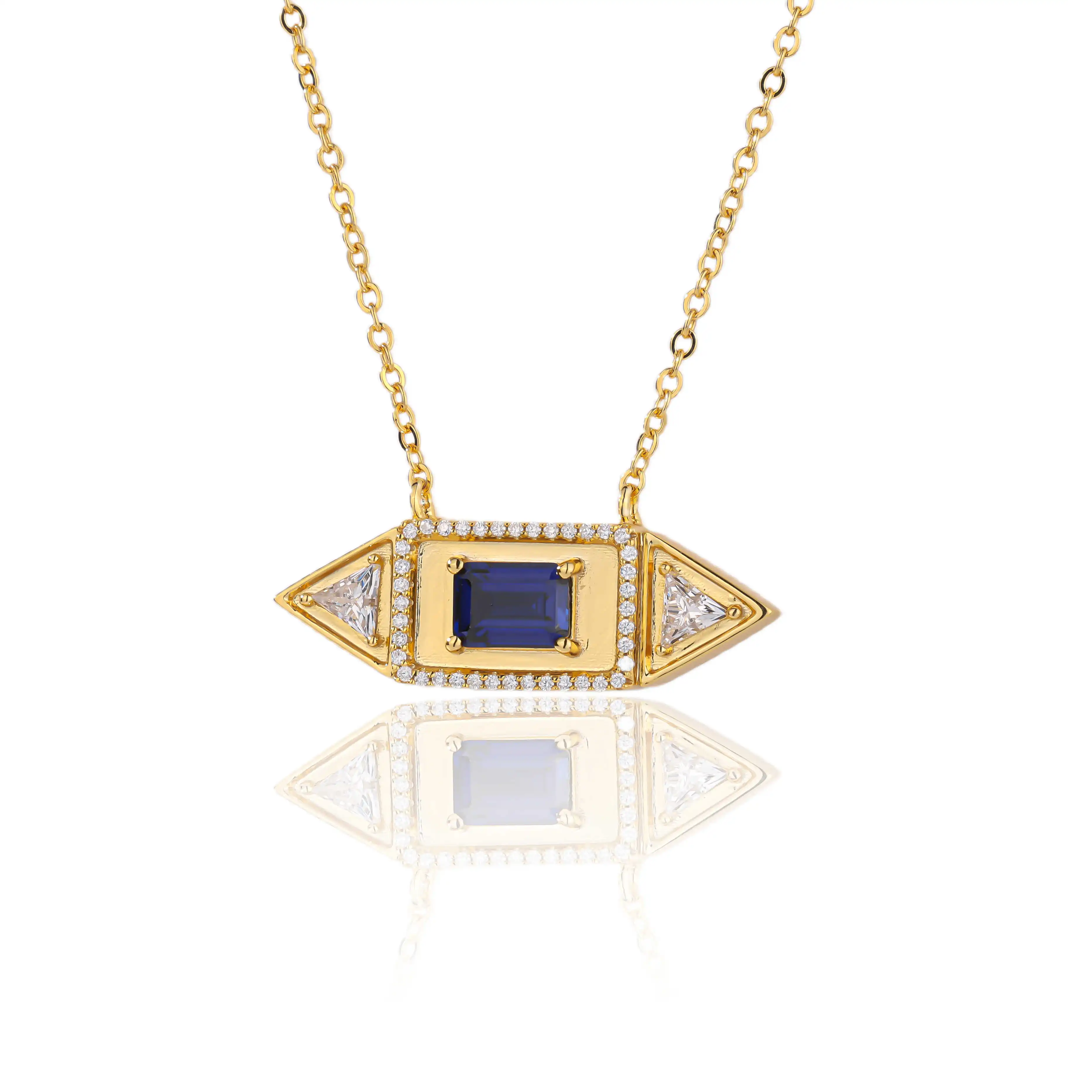 

FOUNDER BAND Original Designer Style Emerald Cut Sapphire Necklace with Side Stone Moissanite Pendant in Sterling Silver