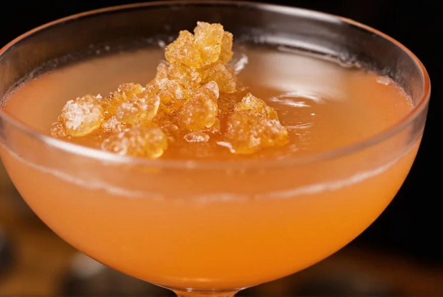 Close-up of crystallized ginger garnish on a premium cocktail served at a luxury hotel bar