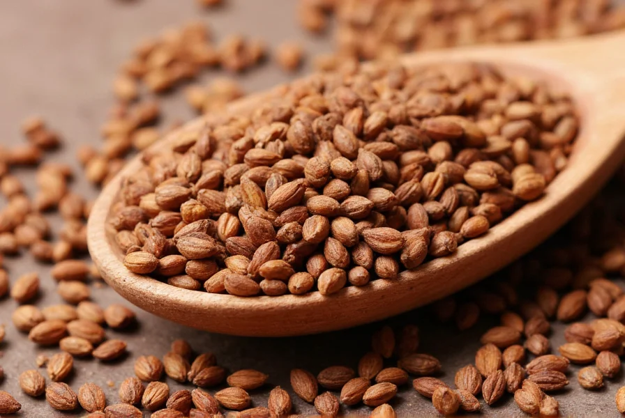 Close-up view of cumin seeds showing their distinctive ridged texture and warm brown color on a wooden spoon