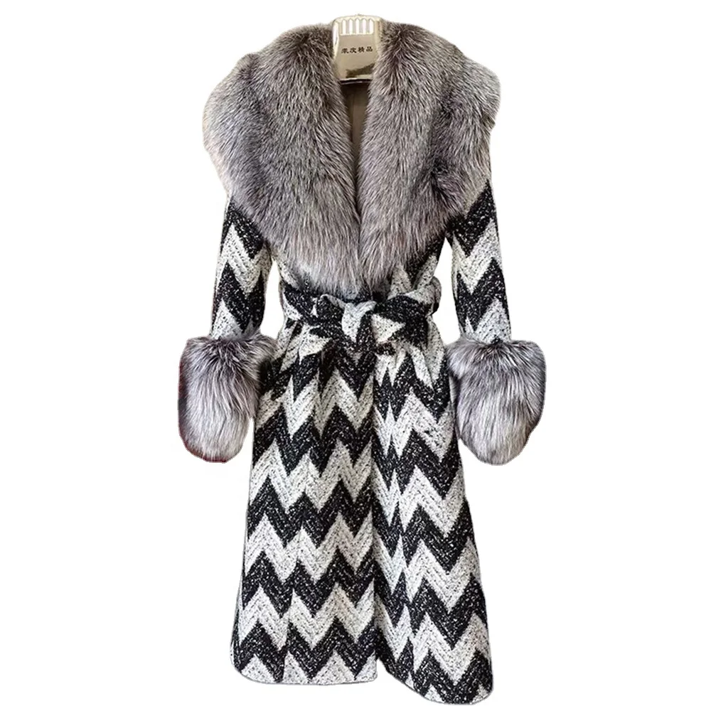 

Fashion Clothing Casual Thick Warm Mid Long Woollen Overcoat Silver Fox Fur Collar Female Slim Belted Winter Jacket Women