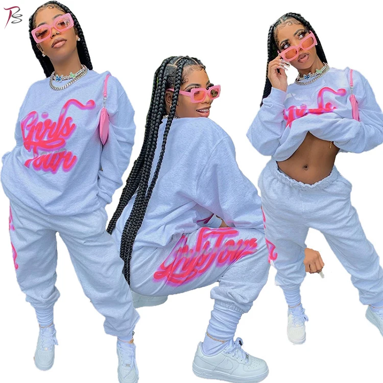 

Wholesale Hot sale loose sweatshirt High Quality Women Clothing jogger graffiti 2 piece sweatsuit, Light grey