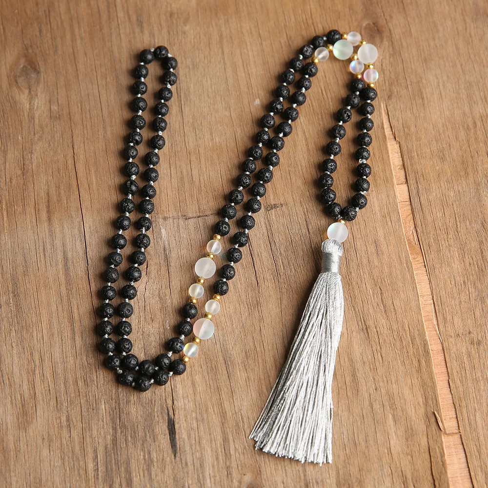 

Explosive Knotted Rosary Beads Necklace 108 Mala Yoga Necklace Natural Volcanic Stone Sweater Tassel Handmade Necklace, Picture