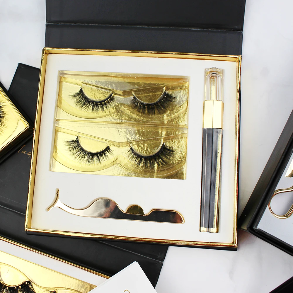 

Wholesale Magnetic Lashes kits with magnetic eyeliner tweezers customized logo design gift kits, Natural black