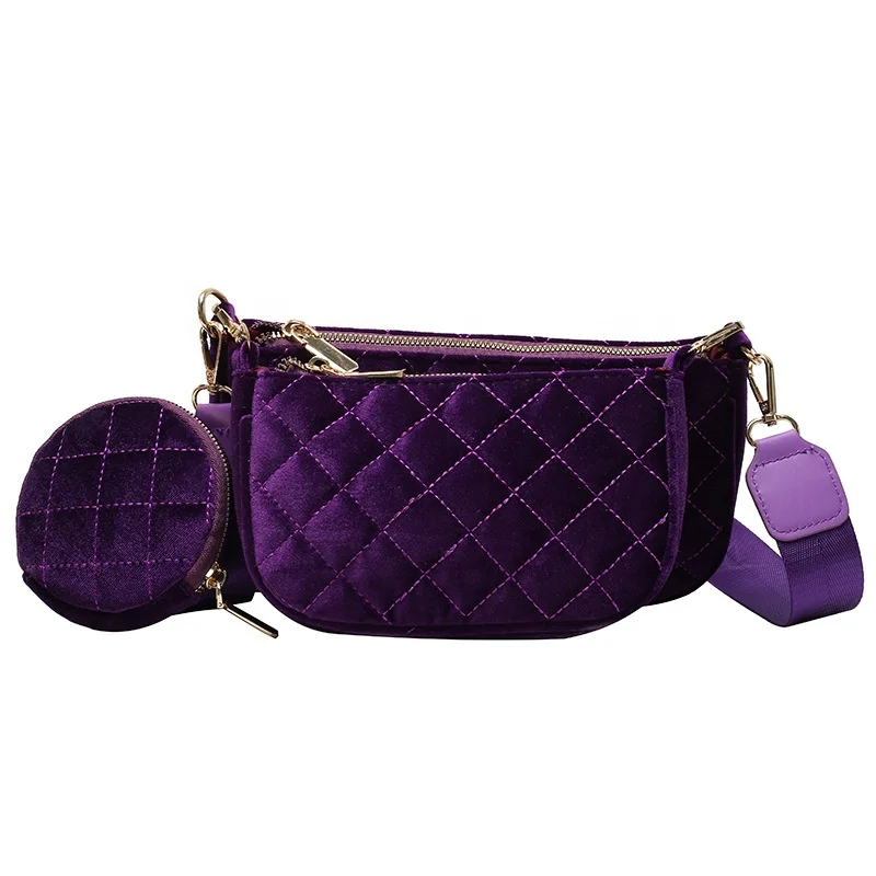 

Wholesale Solid Color Fashion Velvet Ladies Chest Messenger Bags Women Small 3 in 1 Bag Cross Shoulder Purses