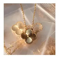 

18K Gold Plated Pure 925 Sterling Silver Double Side Carved Four Leaf Lucky Clover Pendant Necklace