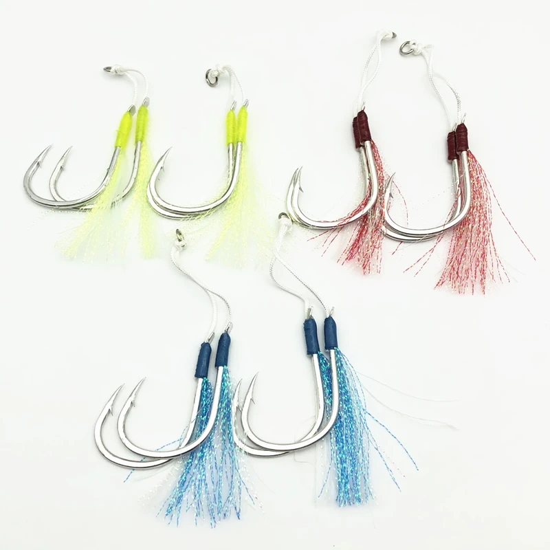 

Top Right Fh301 Luminous Double Hook Multi Sizes High Carbon Steel Slow Jigging Hooks Assist Fishing Hooks, As show