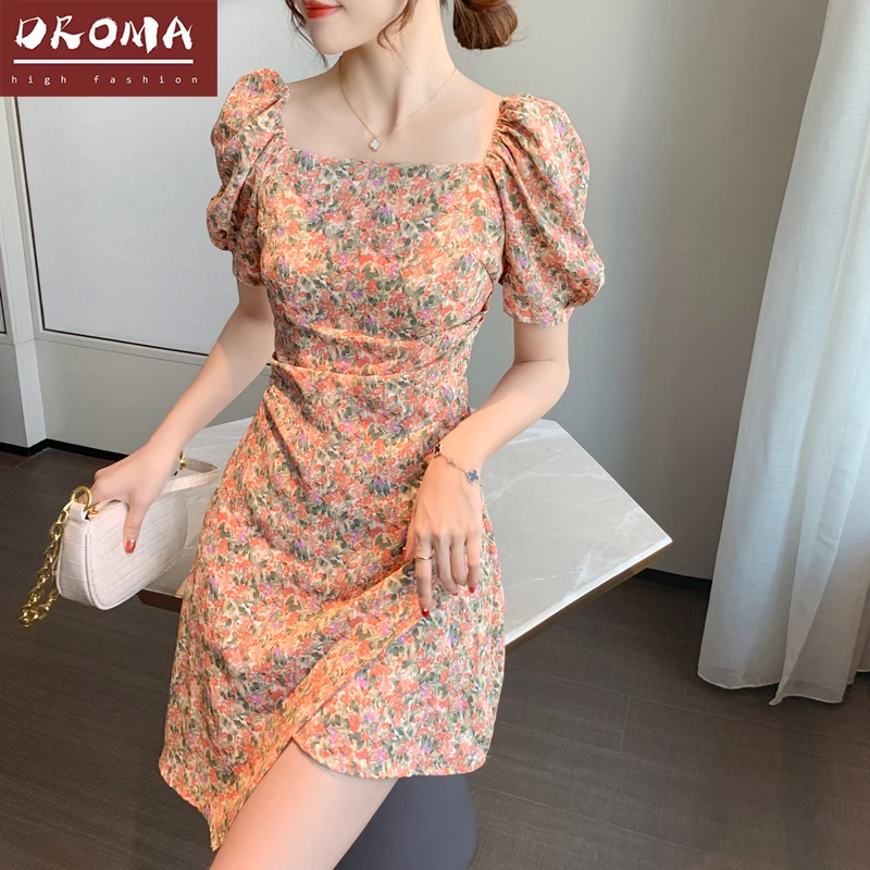

Droma 2021 Summer New Puff Sleeve Square Neck Floral Printed Casual Dress Women Clothing, Picture color