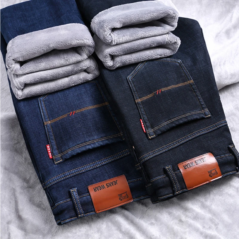 

Winter Thermal Warm Flannel Stretch Jeans Mens Winter Quality Fleece Pants Men Straight Flocking Trousers Jeans, Black/blue