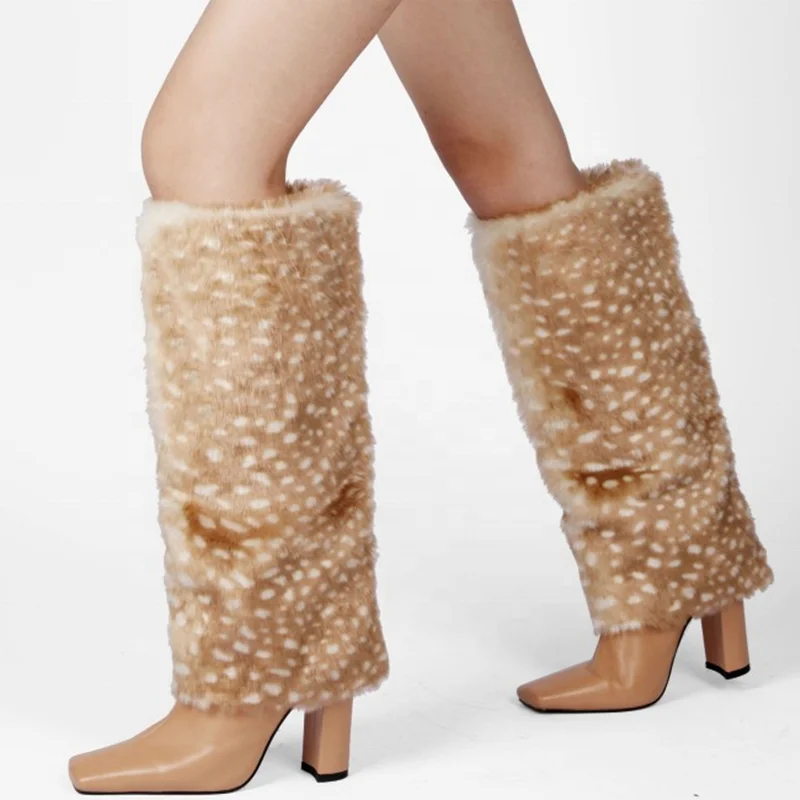 

Western Style Women Winter Knee High Boots Square Toe Chunky High Heels With Soft Decorate Outdoor Street Office Party Shoes, Black apricot white