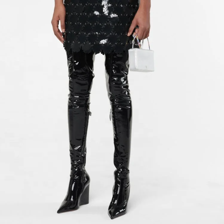 

New Style Wedge Heel Ladies Black Thigh High Boots Pointed Toe Sexy Leopard Print Boots Hot Sale Suka Night Club Long Boots, Black,leopard
