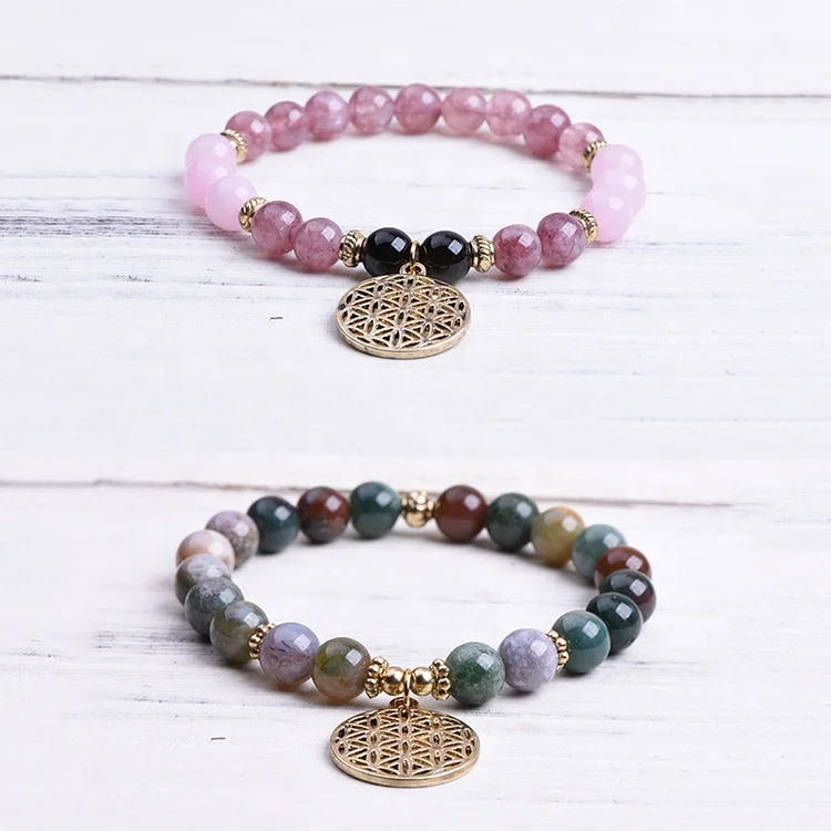 

Natural Women Rose Quartz Crystal Energy Stone Beads Stretch Bracelet Rose Quartz with purple Jade Side By Side Charm Bracelet