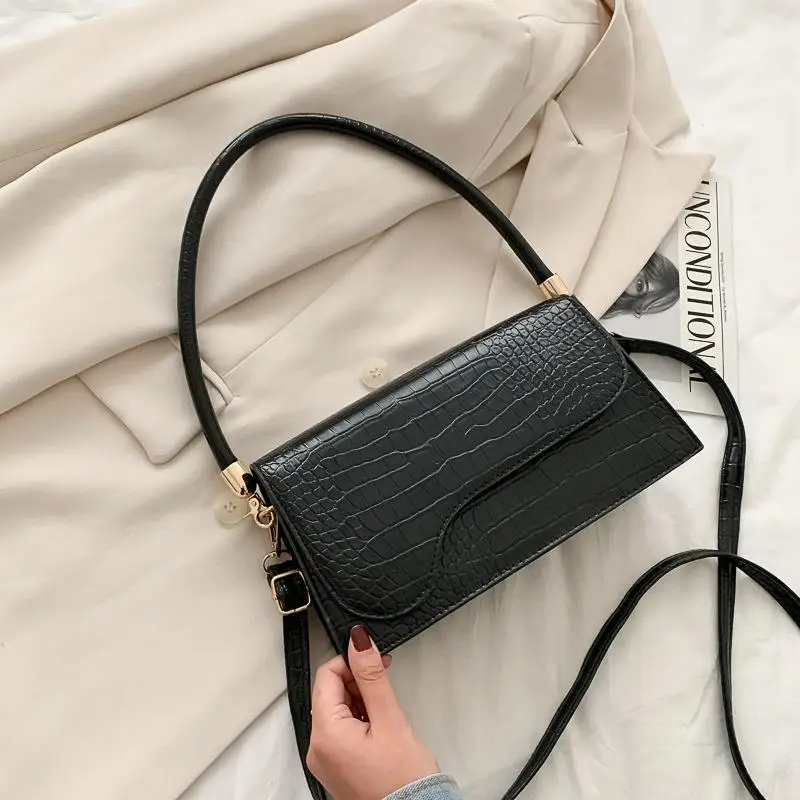 

2021 New Fashion Crocodile-print Broadband Shoulder Bag Slant Small Square Bag Women Hand Bags