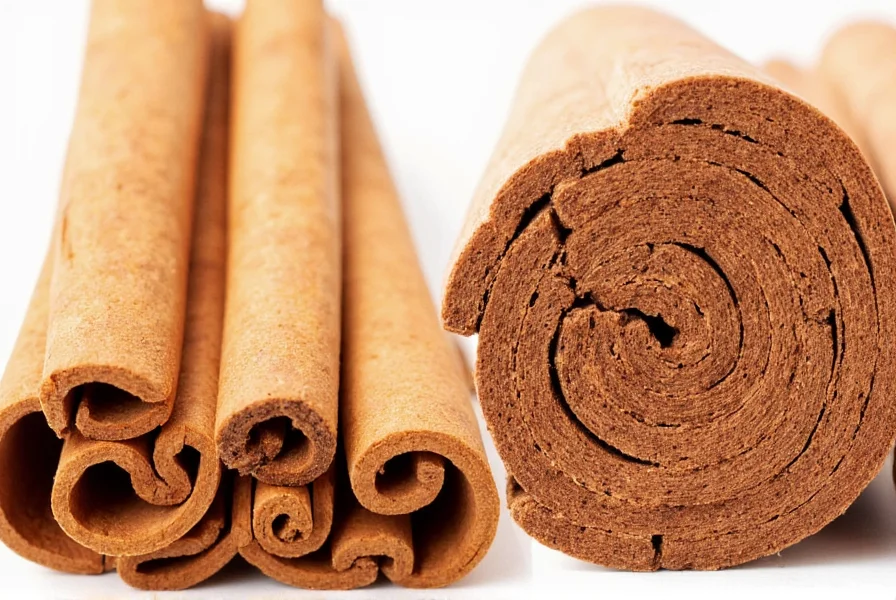 Close-up comparison of Ceylon cinnamon sticks showing multiple thin layers versus Cassia's single thick layer