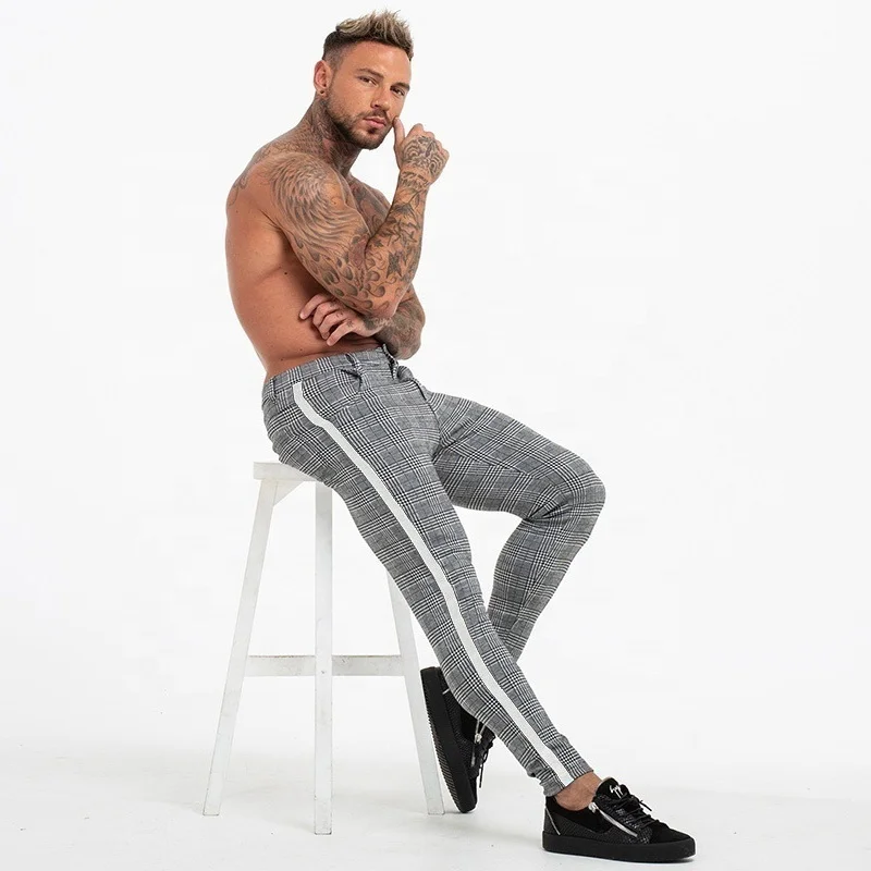 

Design Slim Casual Sport Trousers Hot Sale Super Stretchy Material Plaid Style Side Stripe Custom LOGO Spring Men Pencil Pants, 2 colors