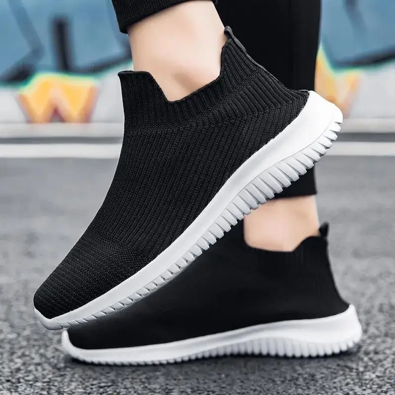 

High Quality Walking Style Sneakers Men's Lightweight Breathable Fly Knitted Mesh Socks Shoes Casual Running Shoe, Black